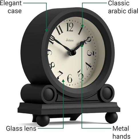 JONES CLOCKS® Maida Vale Mantel Clock | Small Traditional Desk Clock | Black | Pretty & Charming Ideal for Mantelpiece, Bookshelf or Bedside in Saudi Arabia