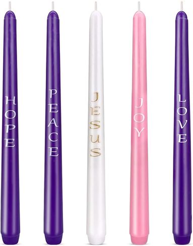 Set of 5 Christmas Advent Candles with Words Love, Peace, Hope, Joy and Jesus, Dripless Unscented 10 Inch Tall Skinny Wax Taper Candlesticks - 3 Purple, 1 Pink and 1 White in Saudi Arabia