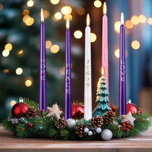 Set of 5 Christmas Advent Candles with Words Love, Peace, Hope, Joy and Jesus, Dripless Unscented 10 Inch Tall Skinny Wax Taper Candlesticks - 3 Purple, 1 Pink and 1 White in Saudi Arabia