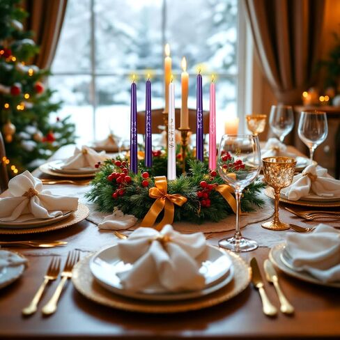 Set of 5 Christmas Advent Candles with Words Love, Peace, Hope, Joy and Jesus, Dripless Unscented 10 Inch Tall Skinny Wax Taper Candlesticks - 3 Purple, 1 Pink and 1 White in Saudi Arabia