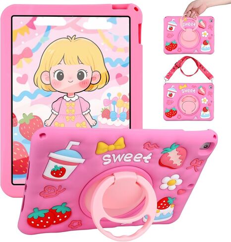 JAKPAK for iPad A16 11th Generation Case 2025 iPad 10th Generation Case for Kids Girls Soft Silicone Cute Kawaii Cartoon Tablet Cover with Shoulder Strap Kickstand for iPad 11inch 10.9inch Rose Pink in Saudi Arabia