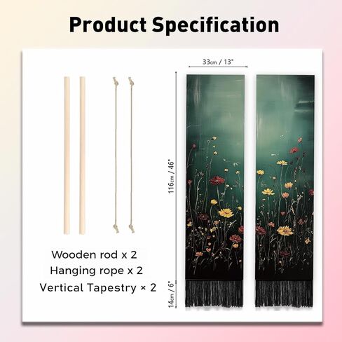PLIGREAT 2 Pack Wildflowers Tapestry with Tassels, Vertical Bushes Wall Hanging Aesthetic Floral Wall Tapestry for Bedroom Living Dorm Room Home Narrow Art Decoration, 52" x 13" in Saudi Arabia