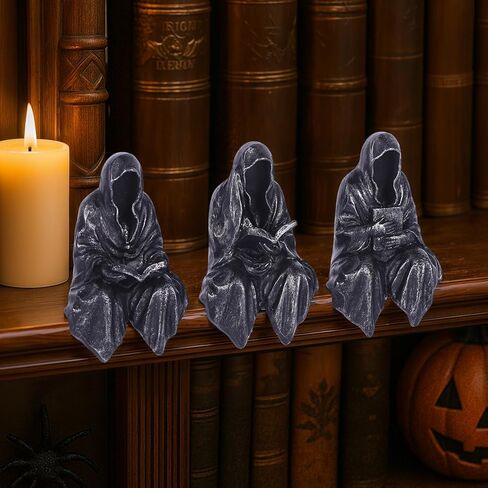 Reading Statue Suriel Bookshelf Figure Set of 3, Gothic Fantasy Black Robe Statue, Mystery Reading Figurines Sitting Sculpture for Shelf - Halloween Shelf Trinkets Dark Academia Decor Aesthetic in Saudi Arabia