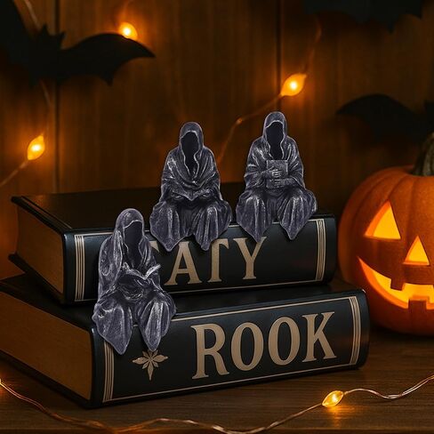 Reading Statue Suriel Bookshelf Figure Set of 3, Gothic Fantasy Black Robe Statue, Mystery Reading Figurines Sitting Sculpture for Shelf - Halloween Shelf Trinkets Dark Academia Decor Aesthetic in Saudi Arabia