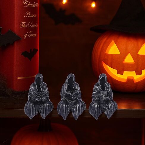 Reading Statue Suriel Bookshelf Figure Set of 3, Gothic Fantasy Black Robe Statue, Mystery Reading Figurines Sitting Sculpture for Shelf - Halloween Shelf Trinkets Dark Academia Decor Aesthetic in Saudi Arabia