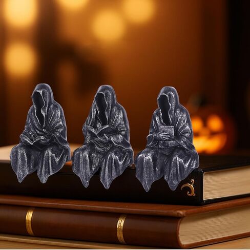 Reading Statue Suriel Bookshelf Figure Set of 3, Gothic Fantasy Black Robe Statue, Mystery Reading Figurines Sitting Sculpture for Shelf - Halloween Shelf Trinkets Dark Academia Decor Aesthetic in Saudi Arabia
