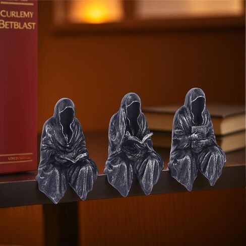 Reading Statue Suriel Bookshelf Figure Set of 3, Gothic Fantasy Black Robe Statue, Mystery Reading Figurines Sitting Sculpture for Shelf - Halloween Shelf Trinkets Dark Academia Decor Aesthetic in Saudi Arabia