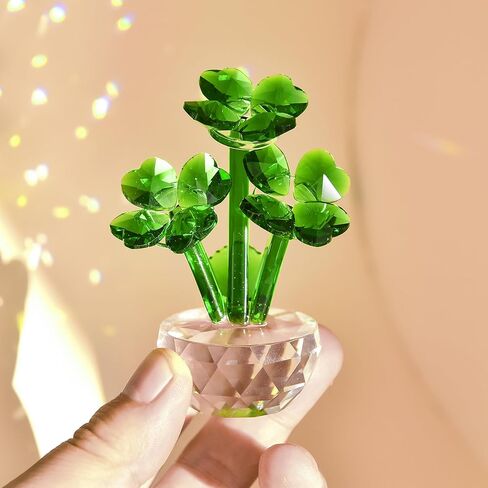 HTXYCTH Green Crystal Clover Figurine, Lucky Clover Crystal Ornament, Glass Flower Figurine, Home Decoration, Car Decoration, Birthday Gift in Saudi Arabia