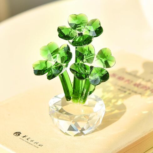 HTXYCTH Green Crystal Clover Figurine, Lucky Clover Crystal Ornament, Glass Flower Figurine, Home Decoration, Car Decoration, Birthday Gift in Saudi Arabia