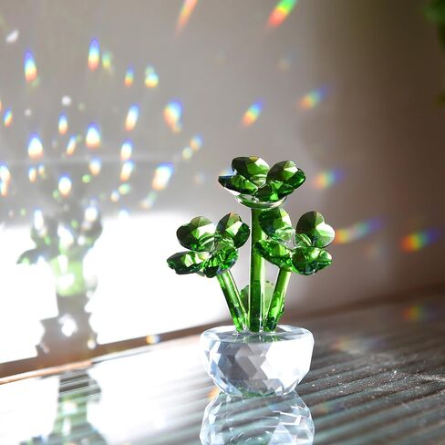 HTXYCTH Green Crystal Clover Figurine, Lucky Clover Crystal Ornament, Glass Flower Figurine, Home Decoration, Car Decoration, Birthday Gift in Saudi Arabia