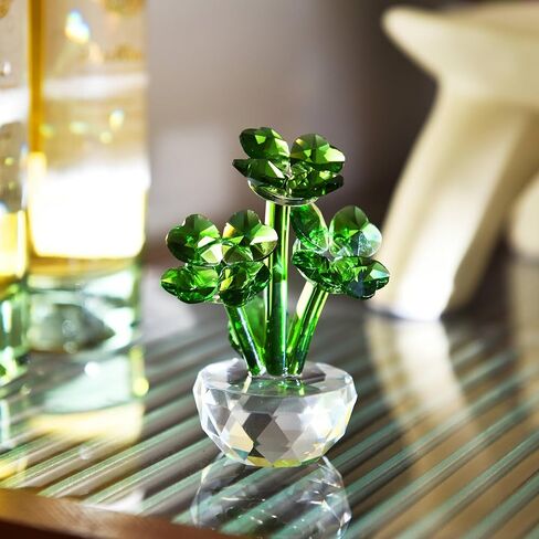 HTXYCTH Green Crystal Clover Figurine, Lucky Clover Crystal Ornament, Glass Flower Figurine, Home Decoration, Car Decoration, Birthday Gift in Saudi Arabia