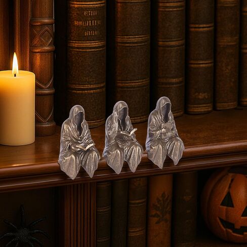 Reading Statue Suriel Bookshelf Figure Set of 3, Gothic Fantasy Black Robe Statue, Mystery Reading Figurines Sitting Sculpture for Shelf - Halloween Shelf Trinkets Dark Academia Decor Aesthetic in Saudi Arabia