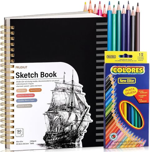 Sketch Book with 12 Color Pencil Set, 90 Sheets Spiral Sketchbook for Drawing (68lb/100gsm), Acid-Free Sketch Pad for Kids Artist, Art Paper Drawing Supplies for Gifts Valentine's Day(5.5×8.5 inch) in Kuwait