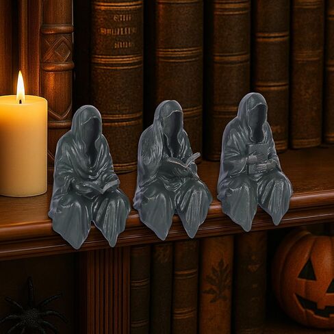 Reading Statue Suriel Bookshelf Figure Set of 3, Gothic Fantasy Black Robe Statue, Mystery Reading Figurines Sitting Sculpture for Shelf - Halloween Shelf Trinkets Dark Academia Decor Aesthetic in Saudi Arabia