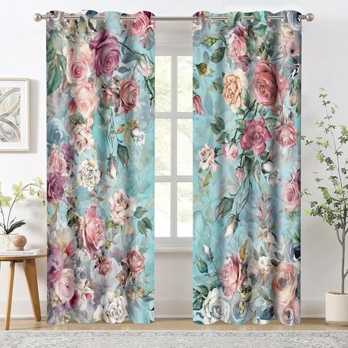 Pink Rose Teal Blue Curtains 5284inch Vintage Shabby Chic Floral Drapes Watercolor Flowers Blackout Curtain for Women Girls Bedroom Living Room Decor HI026YL in Saudi Arabia