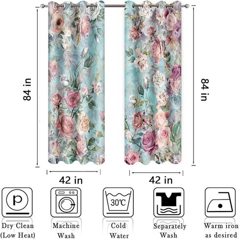 Pink Rose Teal Blue Curtains 5284inch Vintage Shabby Chic Floral Drapes Watercolor Flowers Blackout Curtain for Women Girls Bedroom Living Room Decor HI026YL in Saudi Arabia