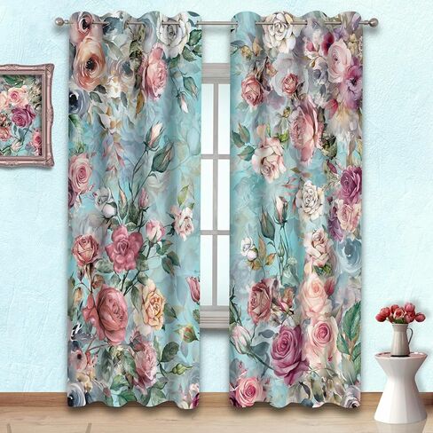 Pink Rose Teal Blue Curtains 5284inch Vintage Shabby Chic Floral Drapes Watercolor Flowers Blackout Curtain for Women Girls Bedroom Living Room Decor HI026YL in Saudi Arabia