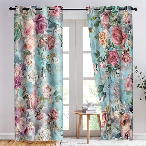 Pink Rose Teal Blue Curtains 5284inch Vintage Shabby Chic Floral Drapes Watercolor Flowers Blackout Curtain for Women Girls Bedroom Living Room Decor HI026YL in Saudi Arabia