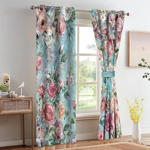 Pink Rose Teal Blue Curtains 5284inch Vintage Shabby Chic Floral Drapes Watercolor Flowers Blackout Curtain for Women Girls Bedroom Living Room Decor HI026YL in Saudi Arabia