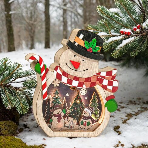 Light up Christmas Ornaments, Wooden Snowman Hanging Ornaments for The Home, Light-Up Festive Snowman Xmas Ornaments for Holiday Crafts, Christmas Party Gifts, Indoor Winter Decorations in Saudi Arabia