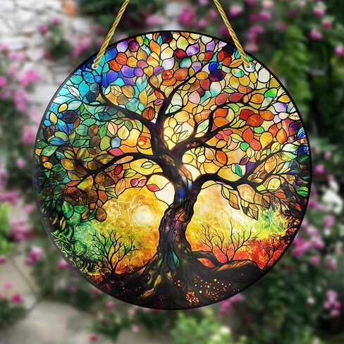 Colorful Acrylic Suncatcher, Tree of Life Sun 7-inch Hanging Window Decor with Printed Stained Glass Style Design Sun Catcher, Gift Idea & Garden Ornament Indoor Outdoor Use in Saudi Arabia