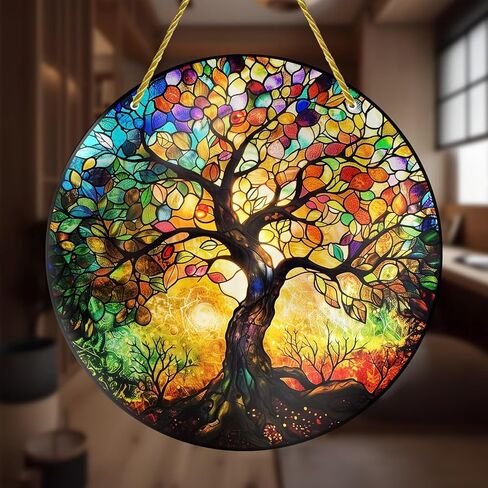 Colorful Acrylic Suncatcher, Tree of Life Sun 7-inch Hanging Window Decor with Printed Stained Glass Style Design Sun Catcher, Gift Idea & Garden Ornament Indoor Outdoor Use in Saudi Arabia