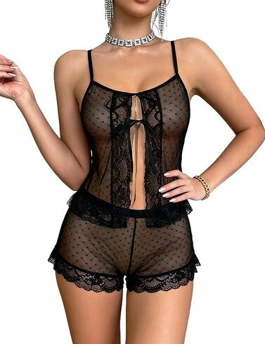 Avidlove Lingerie for Women Sexy Pajamas Sheer Open Front Sleepwear Lace Polka Dot Cami Shorts Set 2 piece in Saudi Arabia