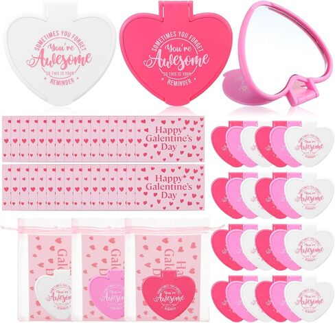 Thyle 36 Set Galentines Gift Heart Mirror Compact Bulk with Valentine Cards and Organza Bags Heart Shaped Mini Pocket Small Folding Makeup Portable Travel Purse Hand Mirror for Valentine Party Favor in Saudi Arabia