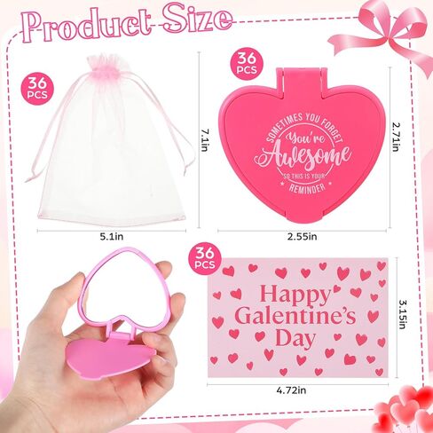 Thyle 36 Set Galentines Gift Heart Mirror Compact Bulk with Valentine Cards and Organza Bags Heart Shaped Mini Pocket Small Folding Makeup Portable Travel Purse Hand Mirror for Valentine Party Favor in Saudi Arabia