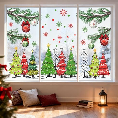FYSUIMU 9 Sheets Christmas Window Clings Window Decal Red-Green Xmas Tree Snowflake Ball Ornament Reusable Anti-Collision Windows Decor for Winter Home Party Supplies in Saudi Arabia