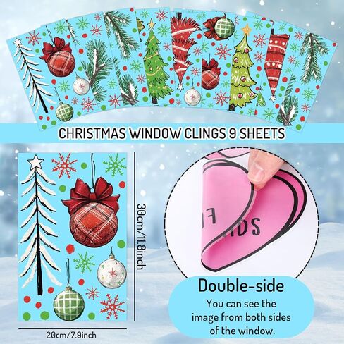 FYSUIMU 9 Sheets Christmas Window Clings Window Decal Red-Green Xmas Tree Snowflake Ball Ornament Reusable Anti-Collision Windows Decor for Winter Home Party Supplies in Saudi Arabia