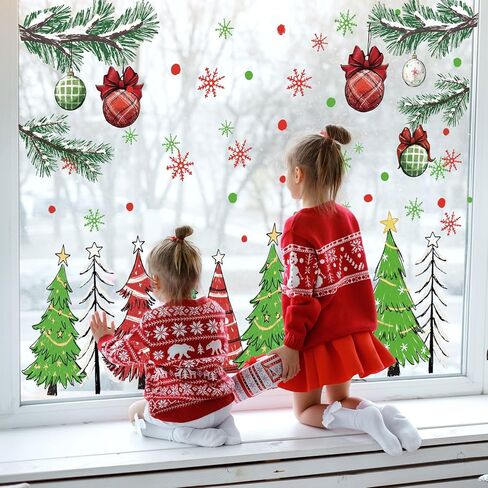 FYSUIMU 9 Sheets Christmas Window Clings Window Decal Red-Green Xmas Tree Snowflake Ball Ornament Reusable Anti-Collision Windows Decor for Winter Home Party Supplies in Saudi Arabia