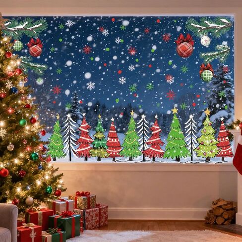 FYSUIMU 9 Sheets Christmas Window Clings Window Decal Red-Green Xmas Tree Snowflake Ball Ornament Reusable Anti-Collision Windows Decor for Winter Home Party Supplies in Saudi Arabia