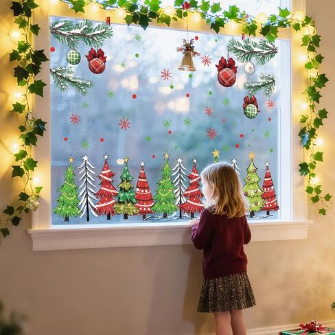 FYSUIMU 9 Sheets Christmas Window Clings Window Decal Red-Green Xmas Tree Snowflake Ball Ornament Reusable Anti-Collision Windows Decor for Winter Home Party Supplies in Saudi Arabia