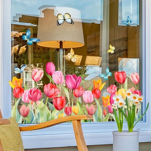 Multicolor Tulip Butterfly Window Clings - 12x24 Inch Reusable Static Decals | Vibrant Spring Flowers & Insects Stickers for Glass Doors, Bedroom Balcony in Saudi Arabia
