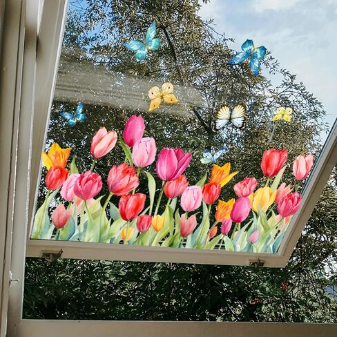 Multicolor Tulip Butterfly Window Clings - 12x24 Inch Reusable Static Decals | Vibrant Spring Flowers & Insects Stickers for Glass Doors, Bedroom Balcony in Saudi Arabia