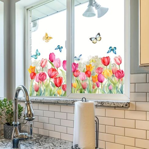 Multicolor Tulip Butterfly Window Clings - 12x24 Inch Reusable Static Decals | Vibrant Spring Flowers & Insects Stickers for Glass Doors, Bedroom Balcony in Saudi Arabia