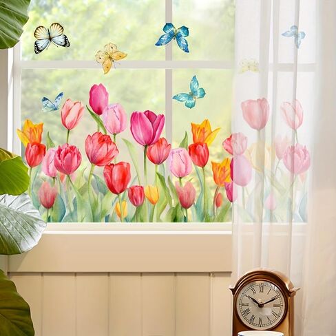 Multicolor Tulip Butterfly Window Clings - 12x24 Inch Reusable Static Decals | Vibrant Spring Flowers & Insects Stickers for Glass Doors, Bedroom Balcony in Saudi Arabia