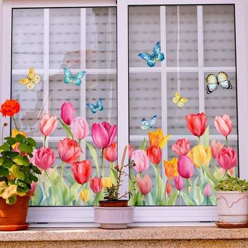 Multicolor Tulip Butterfly Window Clings - 12x24 Inch Reusable Static Decals | Vibrant Spring Flowers & Insects Stickers for Glass Doors, Bedroom Balcony in Saudi Arabia