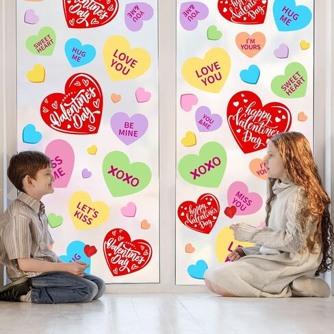 FYSUIMU 9 Sheets Valentine's Day Window Cling Stickers Double-Sided Candy Heart Window Stickers Colorful Conversation Heart Reusable Glass Decals for Wedding Anniversary Party Home Office Shop Decor in Saudi Arabia