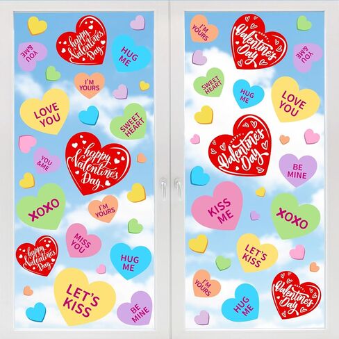 FYSUIMU 9 Sheets Valentine's Day Window Cling Stickers Double-Sided Candy Heart Window Stickers Colorful Conversation Heart Reusable Glass Decals for Wedding Anniversary Party Home Office Shop Decor in Saudi Arabia