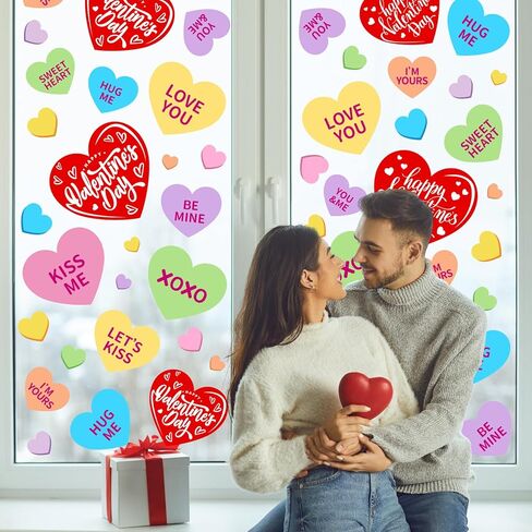 FYSUIMU 9 Sheets Valentine's Day Window Cling Stickers Double-Sided Candy Heart Window Stickers Colorful Conversation Heart Reusable Glass Decals for Wedding Anniversary Party Home Office Shop Decor in Saudi Arabia