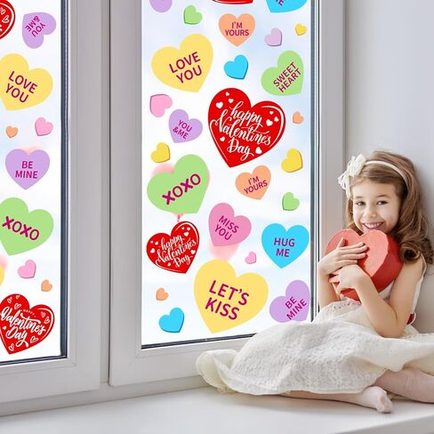 FYSUIMU 9 Sheets Valentine's Day Window Cling Stickers Double-Sided Candy Heart Window Stickers Colorful Conversation Heart Reusable Glass Decals for Wedding Anniversary Party Home Office Shop Decor in Saudi Arabia