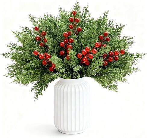 Draxion 50 Pcs Christmas Artificial Pine Branches with Red Berry Stems - 10.5" Faux Greenery Norfolk Pine Fake Cedar Pine Needles Picks for Wreaths Craft DIY Garlands Home Decor in Saudi Arabia