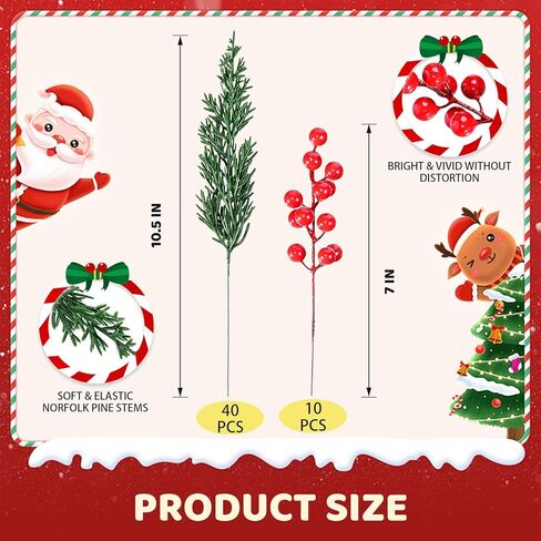 Draxion 50 Pcs Christmas Artificial Pine Branches with Red Berry Stems - 10.5" Faux Greenery Norfolk Pine Fake Cedar Pine Needles Picks for Wreaths Craft DIY Garlands Home Decor in Saudi Arabia