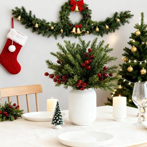 Draxion 50 Pcs Christmas Artificial Pine Branches with Red Berry Stems - 10.5" Faux Greenery Norfolk Pine Fake Cedar Pine Needles Picks for Wreaths Craft DIY Garlands Home Decor in Saudi Arabia