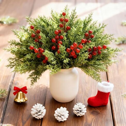 Draxion 50 Pcs Christmas Artificial Pine Branches with Red Berry Stems - 10.5" Faux Greenery Norfolk Pine Fake Cedar Pine Needles Picks for Wreaths Craft DIY Garlands Home Decor in Saudi Arabia