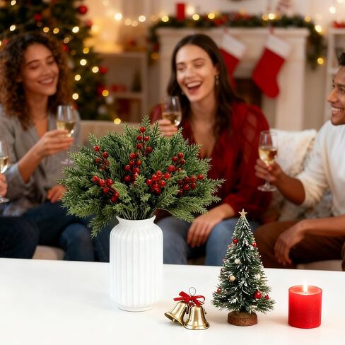 Draxion 50 Pcs Christmas Artificial Pine Branches with Red Berry Stems - 10.5" Faux Greenery Norfolk Pine Fake Cedar Pine Needles Picks for Wreaths Craft DIY Garlands Home Decor in Saudi Arabia