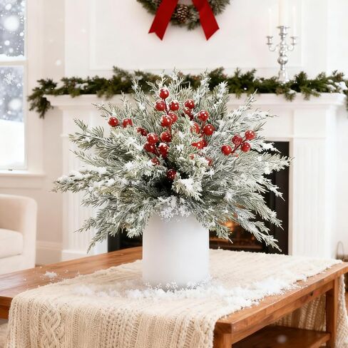 Draxion 50 Pcs Christmas Artificial Pine Branches with Red Berry Stems - 10.5" Faux Greenery Norfolk Pine Fake Cedar Pine Needles Picks for Wreaths Craft DIY Garlands Home Decor in Saudi Arabia