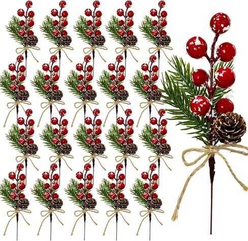 Tebiefat 30 Pcs Artificial Pine Cone Red Berry Picks Stems, Small Fake Holly Berries Needles Branches with Pinecones Christmas Floral Leaves for Crafts Vase Xmas Tree DIY Holiday Decor in Saudi Arabia